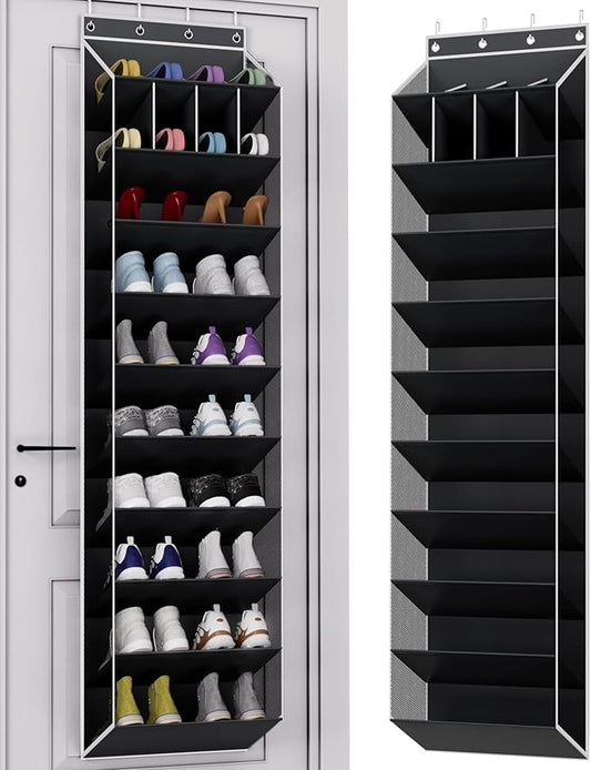 10 Tier Over the Door Shoe Organizer, Hanging Shoe Rack for Closet with Deep Pockets, Space-Saving Storage Holds 20 Pairs for Sneakers, Boots (Black)