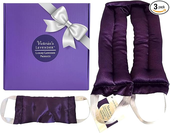 Victoria's Lavender Luxury Microwavable Aromatherapy Neck Wrap and Eye Mask Pillow, Made in The USA Lavender Gift Set with Organic Lavender Buds and Flax Seed for Hot or Cold Application - (Set of 2)