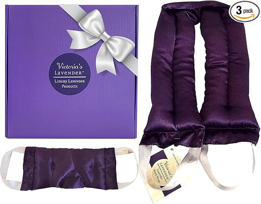 Victoria's Lavender Luxury Microwavable Aromatherapy Neck Wrap and Eye Mask Pillow, Made in The USA Lavender Gift Set with Organic Lavender Buds and Flax Seed for Hot or Cold Application - (Set of 2)