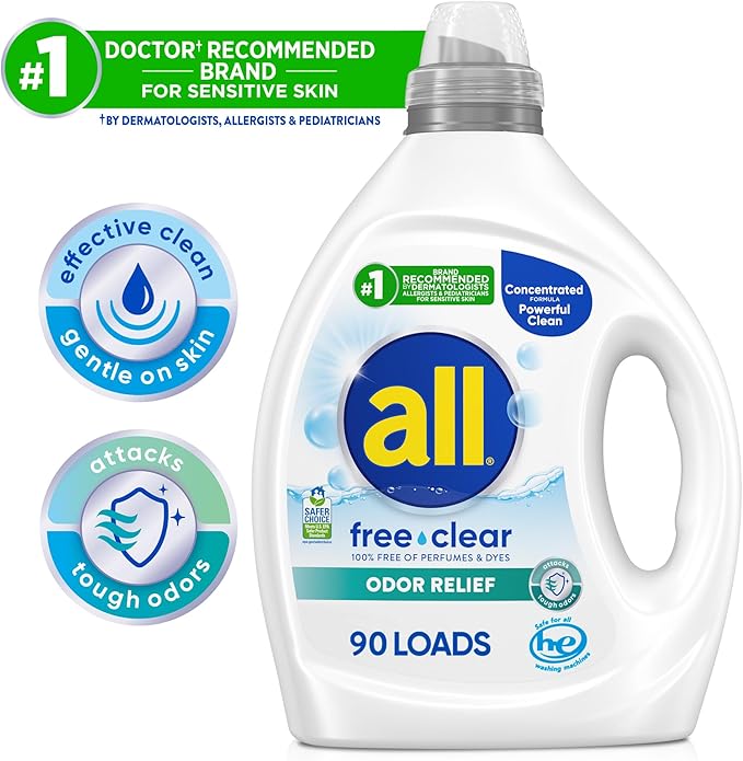 all Laundry Detergent Liquid, Free Clear for Sensitive Skin, Odor Relief, Unscented and Hypoallergenic, 2X Concentrated, 90 Loads