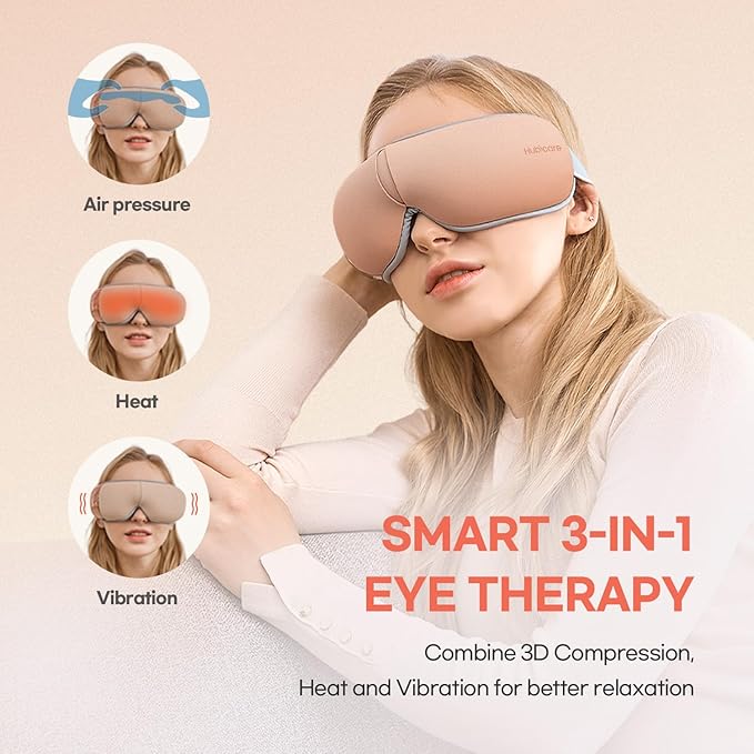 HubiCare Eye Massager with Heat, Vibration, and Music Helps Relieve Strain, Dark Circles, Dryness, and for Migraine Relief Relaxation and Better Sleep Gifts for Women/Men (Rose Gold)