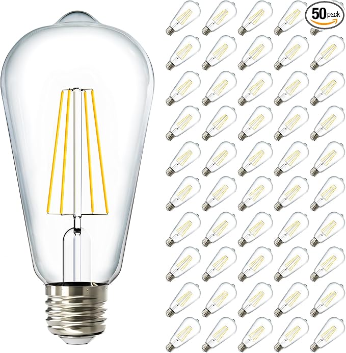 Sunco 50 Pack Edison Bulbs LED ST64, Clear Vintage Filament Waterproof Bulb, 800 LM, 8W (60W Equivalent), ST19, 5000K Daylight, E26 Medium Base, Decorative Dimmable UL