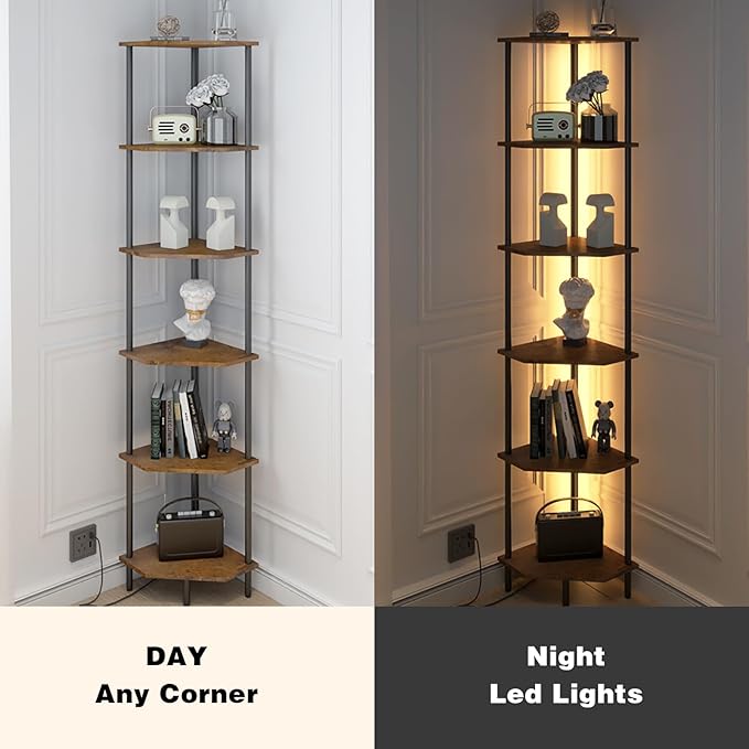 6 Tier Corner Shelf with LED Light,Tall Standing Shelf Organizer,Narrow Bookshelf,The Classic Combination of Rustic Brown and Black Standing Bookcase,Suitable for Bedroom,Living Room,Kitchen