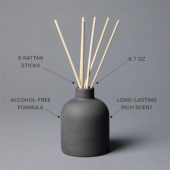 Craft & Kin Reed Diffuser for Home & Bathroom – Santal Woods Reed Diffuser Set with Fragrance Sticks, Long-Lasting Alcohol-Free Scent, Fall Earthenware Collection, 6.7oz