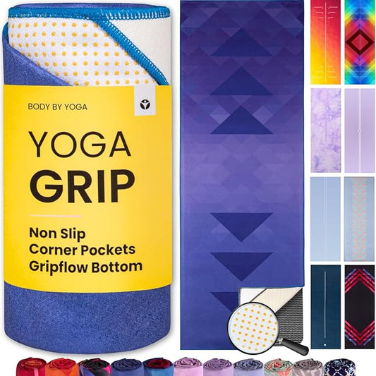 Yoga Grip Yoga Towel - Non Slip Hot Yoga Mat Towel With Corner Pockets, No-Skid Grip, and Built-in Alignment Lines | Soft, Moisture Wicking, and Sweat Absorbent | No Bunching, Stays in Place 72" x 25"