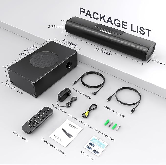 Sound Bar with Subwoofer, 2.1 Channel Sound Bar for Smart TV, 16 Inches, Bluetooth, Optical, HDMI(ARC), AUX, Coax and USB, Wall Mountable, 50 Watts