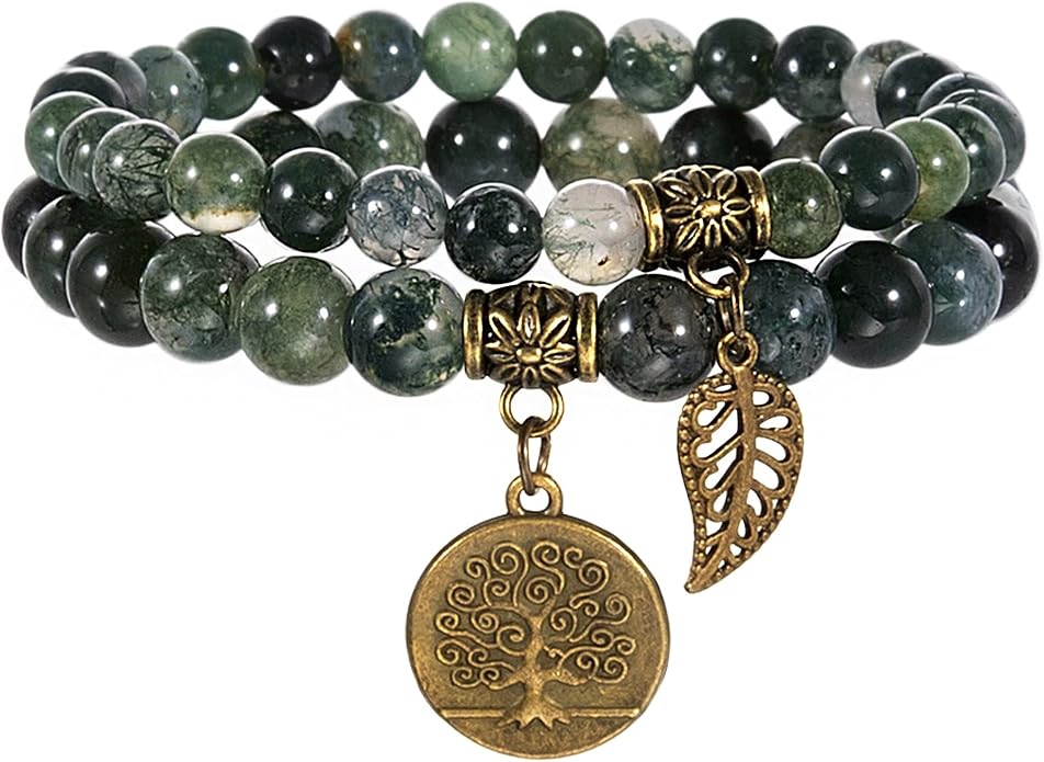 Bivei Natural Semi Precious Gemstone beads bracelet for women - Life Tree and Leaf Charm Energy Reiki Crystal Stretch Bracelets