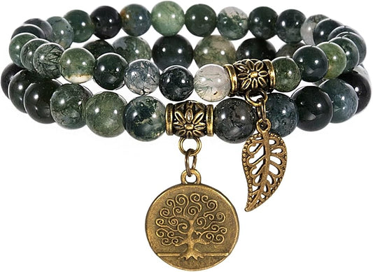 Bivei Natural Semi Precious Gemstone beads bracelet for women - Life Tree and Leaf Charm Energy Reiki Crystal Stretch Bracelets