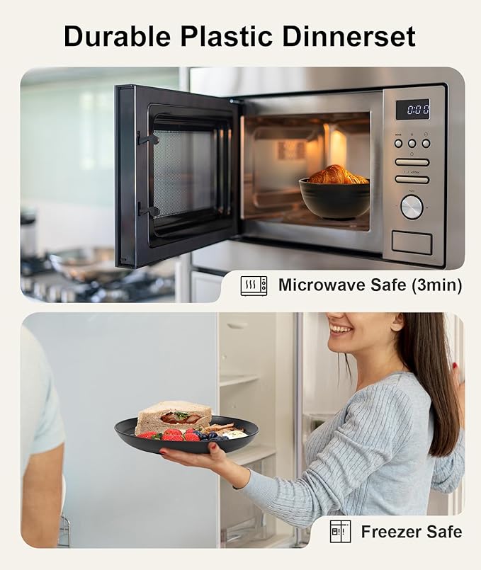 Quatish 24 Piece Plates and Bowls Sets for 6, Unbreakable Dinnerware Sets, Plastic Dish Set for Camping, Dishwasher Microwave Safe, Outdoor Kitchen and Apartment Dinning RV Essentials, Black