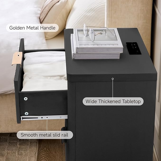 Fluted Nightstand with Charging Station, 23'' Modern Side Table with 3 Large Storage Drawers, Wide Night Stand Bedside End Table Tall Wooden Dresser for Bedroom