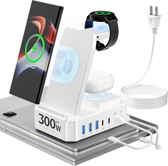 300W Wireless Charger for Samsung,Zutspzss 10 in 1 Wireless Charging Station, 65W USB C Fast Charging Stand for Samsung S25 Ultra/S24/S23/S22/Z Fold,Galaxy Watch Ultra7/6/5,Galaxy Buds,White
