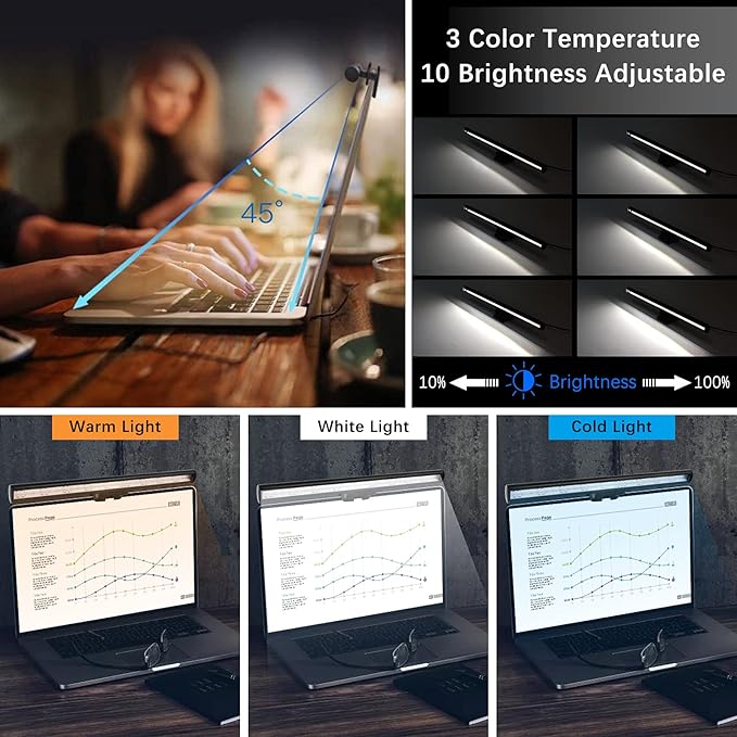 Laptop Monitor Lamp, LED Screen Light Bar, Adjustable Brightness & Color Temperature, Eye-Care Tablet Lamp for Keyboard, No Screen Glare, Space Saving, USB Powered, for Home& Office
