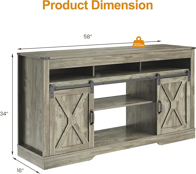 RoyalCraft TV Stand for 65+ Inch TV: Farmhouse Entertainment Center with Storage, Wood TV Console Cabinets with Sliding Barn Door, Tall Media with Adjustable Shelves for Living Room, Light Grey