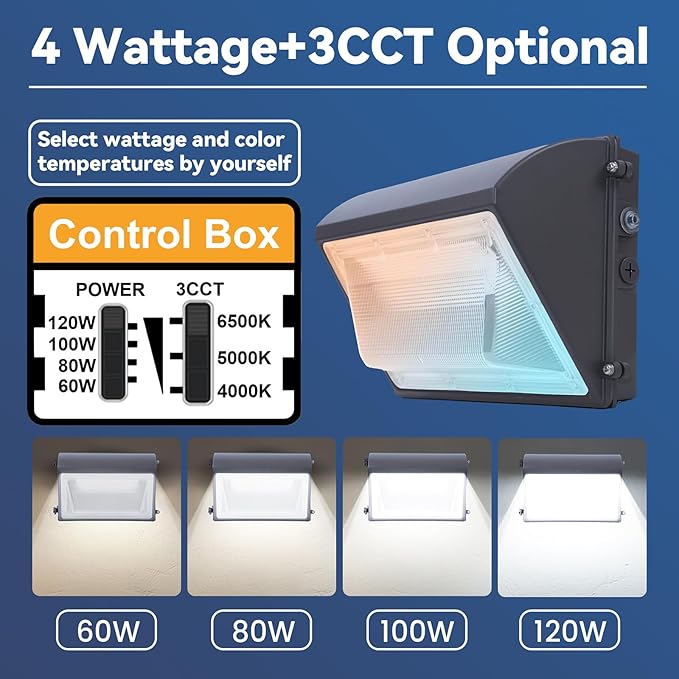 120W LED Wall Pack Light with Photocell 6Pack, 4000/5000/6500K 3CCT, 60/80/100/120W Switchable, Commercial and Industrial Outdoor LED Wall Lights for Parking Lot Warehouses, 100-277VAC, ETL Listed