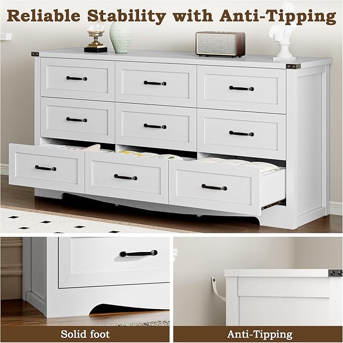 9-Drawer Dresser for Bedroom, Modern Wooden Chest of Drawers with Metal Handles, Anti-Tipping Design, Sturdy and Stable Storage Organizer for Living Room, Entryway, Home Office