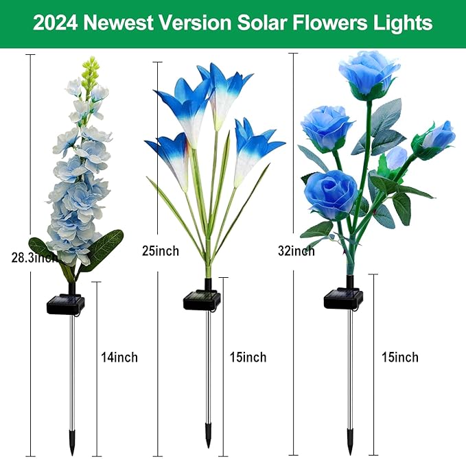 Solar Garden Lights Waterproof, 3 Pack Solar Flowers Lights Includes Lily Rose Delphinium, Gardening Gifts for Mom Grandma Women,7-Color Changing Outdoor Decor for Garden Yard Patio Lawn