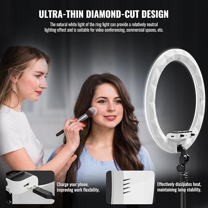 Ring Light with Stand, 19in LED Selfie Circle Light, Max 8ft/2.5m Tripod Stand, 3 Holders for iPhone, Remote Control, 6300K Color Temperature for Live Streaming, Barber, Makeup, YouTube, Tiktok
