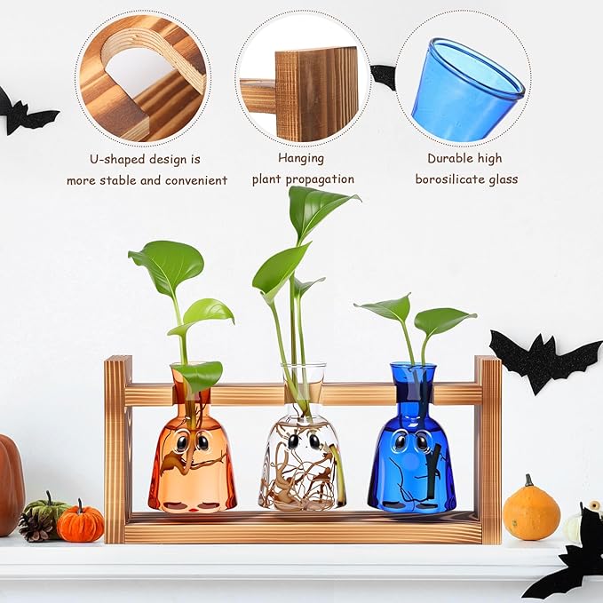 Halloween Plant Propagation Stations Plant Terrarium with Wooden Stand Hydroponics Glass Vase Planter for Halloween Home Office Garden Table Decoration(Ghost)