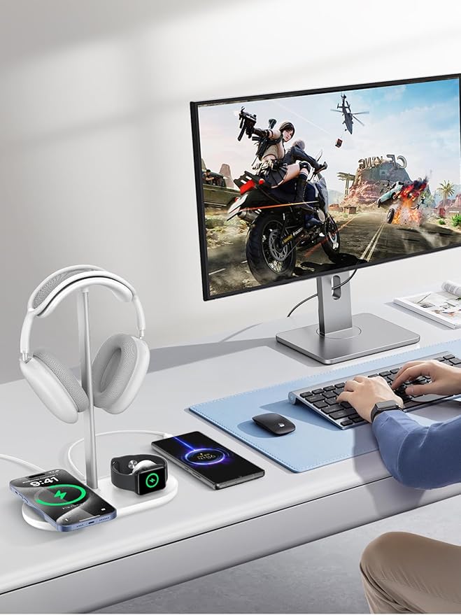 TopMade 5 in 1 Headphone Stand for Desk with Wireless Charger & USB Charging for iPhone/AirPods/iWatch, Universal Desktop Gaming Headset Holder for Airpods Max, Bose, Beats, Razer and More, White