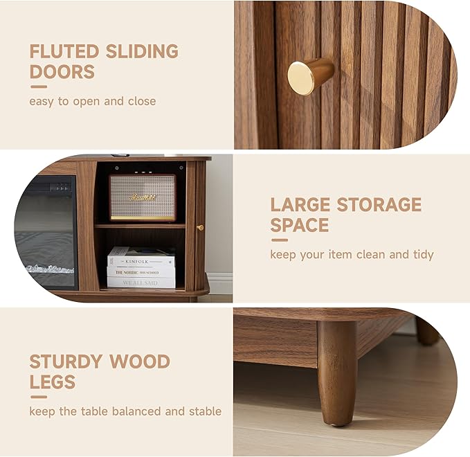 Fireplace TV Stand, Fluted TV Stand with Storage and Sliding Door, Farmhouse Entertainment Center Media Console Table for Living Room (Walnut)