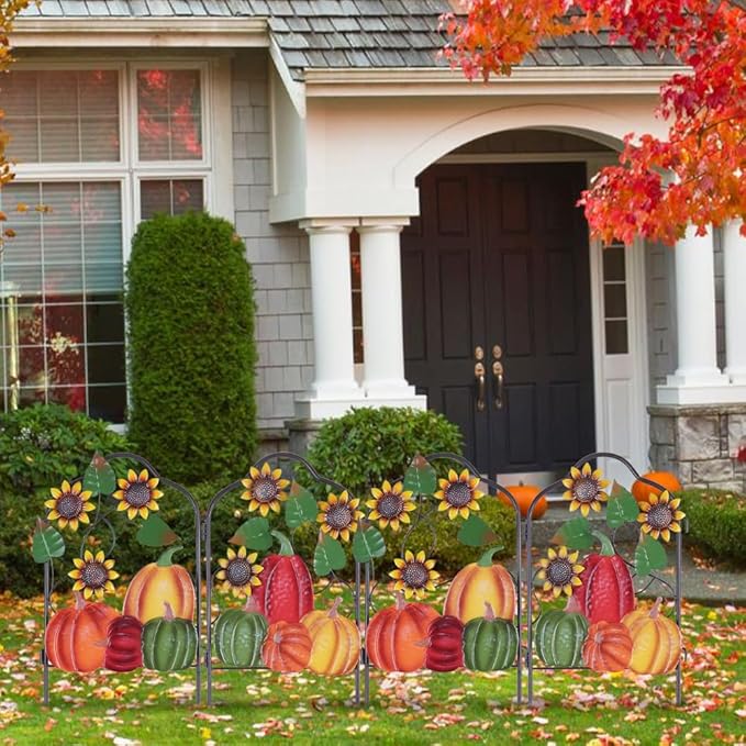 hogardeck Fall Decorations for Home Outdoor, Set of 2 Metal Fence Decorative Garden Stakes with Pumpkin Sunflower for for Fall Decor, Metal Yard Signs for Garden Lawn Patio Thanksgiving Decorations