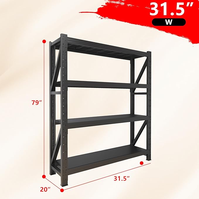 3000LBS Garage Shelving Heavy Duty, 79” H Storage Shelves, 4-Tier Adjustable Metal Storage Shelves, Steel Industrial Shelving Unit, Metal Shelving for Garage, Basement, Warehouse (Black, 31.5x20x79in)