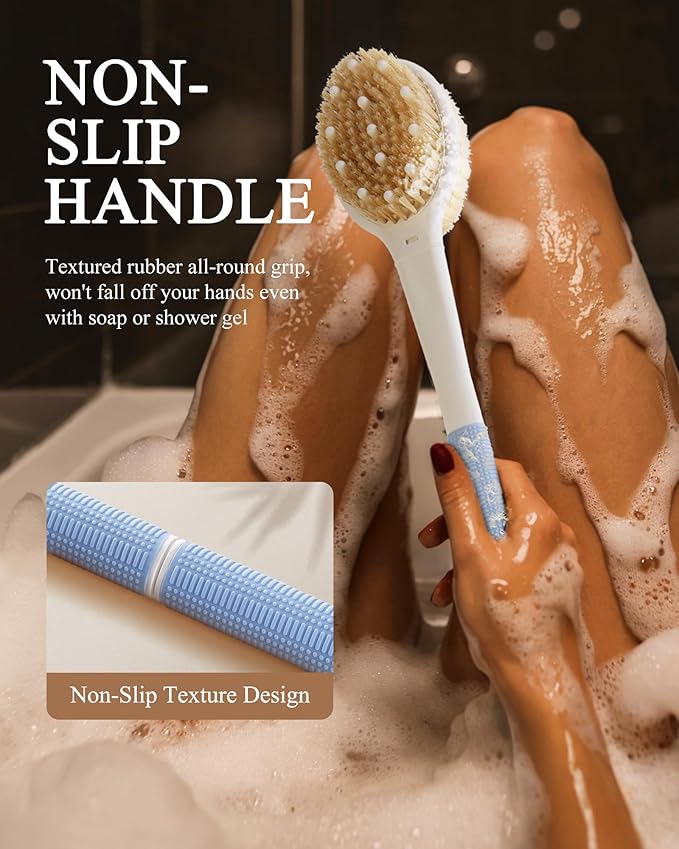 Shower Brush for Massage Dry Brushing: Back Scrubber for Shower with 18.1 in Anti Slip Long Handle - Bath Body Brush for Lymphatic Drainage, Exfoliator Improving Skin Health for Women Men Elderly Blue