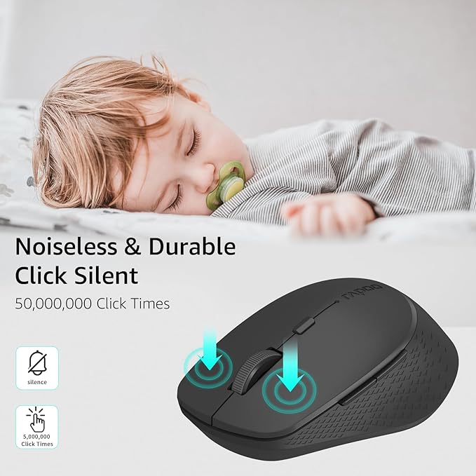 Rapoo M300G Silent Wireless Mouse, Bluetooth Mouse for Laptop, 2.4GHz with USB Receiver, 2400 Adjustable DPI Optical Tracking, 1 Year Battery Life, Compatible with PC, Black