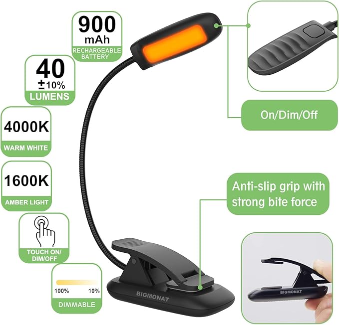 BIGMONAT Led Book Reading Light, Rechargeable Amber Book Night Light, Portable Bendable Neck, USB, Brightness Adjustable, Reduces Eye Strain, Black