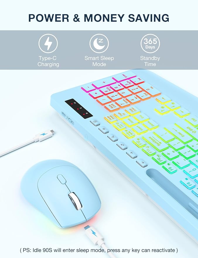 Wireless Keyboard and Mouse Combo, 9 Backlit Effects, Wrist Rest, Phone Holder, 3 DPI Speed, 2.4G Ergonomic Keyboards, Rechargeable Silent Cordless Set for Computer, Laptop, Mac, Windows, Blue-SABLUTE