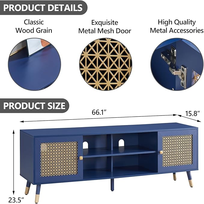 Luxury Blue TV Stand for 70 Inches TVs, Modern Fluted Entertainment Center with Storage Cabinet and Shelves, TV & Media Console with Gold Metal Mesh Doors for Living Room 66"