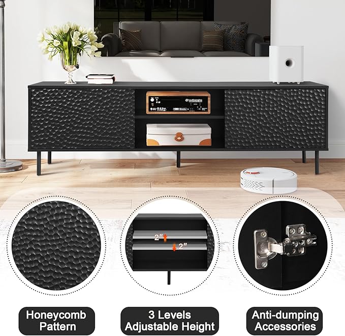 ANJ Black TV Stand for 75 Inch TV, Mid-Century Modern TV Console with Storage, Wooden Television Furniture for Living Room, Entertainment Center with Large Storage Space, Textured Honeycomb Pattern
