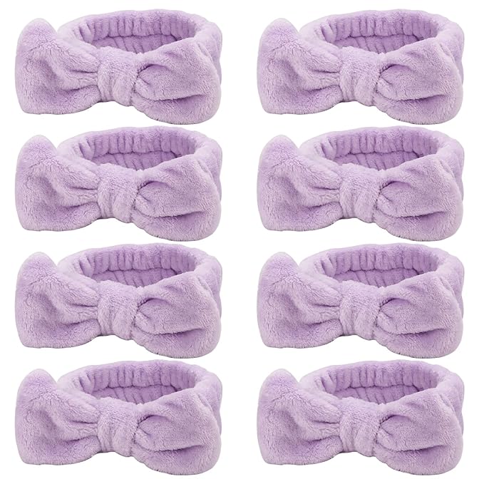 Ondder Spa Headband for Washing Face 8 Pack Purple Skincare Headbands for Women Girls Terry Cloth Cute Bow Head Bands