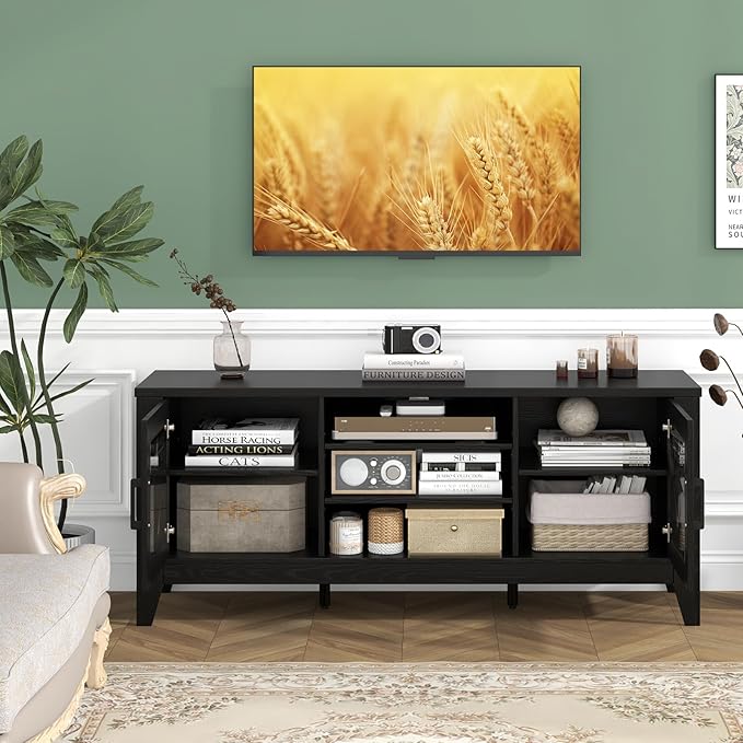 Tangkula Farmhouse TV Stand for TVs Up to 65-in, Classic Media Entertainment Center w/Glass Door Cabinets & 4 Adjustable Shelves, Modern TV Console Table w/ 3 Cable Holes for Living Room (Black)