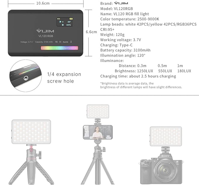 VIJIM VL120 RGB Video Light, Portable LED Camera Light Panel 0-360 Full Color, CRI 95+ 2500-9000K LED 3100mAh Rechargeable DSLR Lighting for Vlogging, Photography, Video Conference