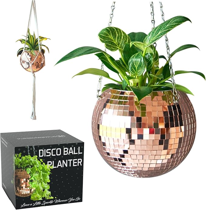 SCANDINORDICA Disco Ball Planter – Value Package: Mirror Disco Planter with Chain, Macrame Hanger and Acrylic Stand for Desk, Includes Self Watering Insert, Plant Gifts | 8 inch Rose Gold