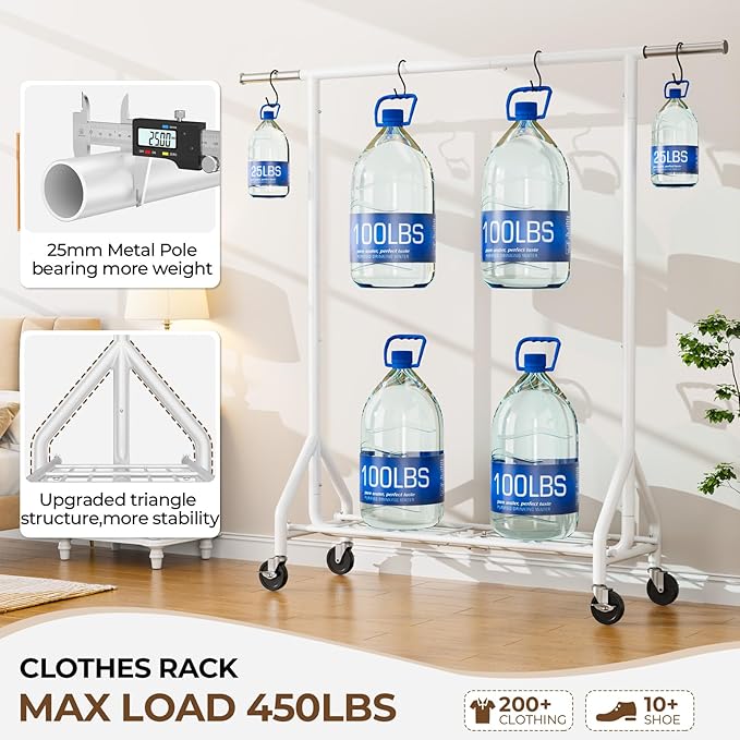Heavy Duty Clothes Rack Load 450 LBS, Metal Garment Rack, Standing Rolling Clothing Rack for Hanging Clothes with Sturdy Wheels & Shelves, Portable Closet Wardrobe Rack,White