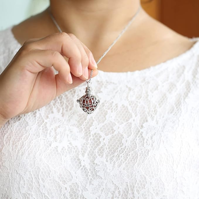 2PCS Aromatherapy Essential Oil Diffuser Necklace Love Heart and Hollow Ball Locket Pendant Necklace with Lava Bead Stone for Women