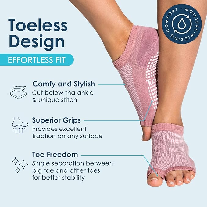 Tucketts Flow Toeless Pilates Socks with Grips for Women, Non-Slip Barre Yoga Socks for Barefoot Workouts, Sizes 5-13, 1 Pair