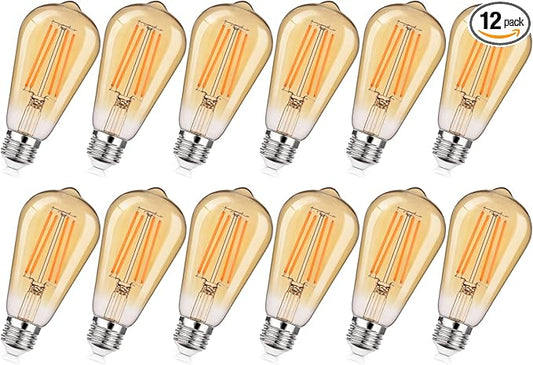 MAXvolador 12-Pack Dimmable Vintage LED Edison Bulb 60W Equivalent, 6W 850Lumens Amber Warm 2200K ST58 Antique Filament Light Bulbs, E26 Base