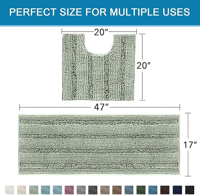 H.VERSAILTEX Bathroom Rugs Bath Rug Set 2 Piece Bathroom Contour Rug Toilet Mat Sets Non Slip Contour Bath Rug Ultra Thick Water Absorbent Striped Bath Mats Washable(47" x 17" Plus 20" x 20" U, Sage)