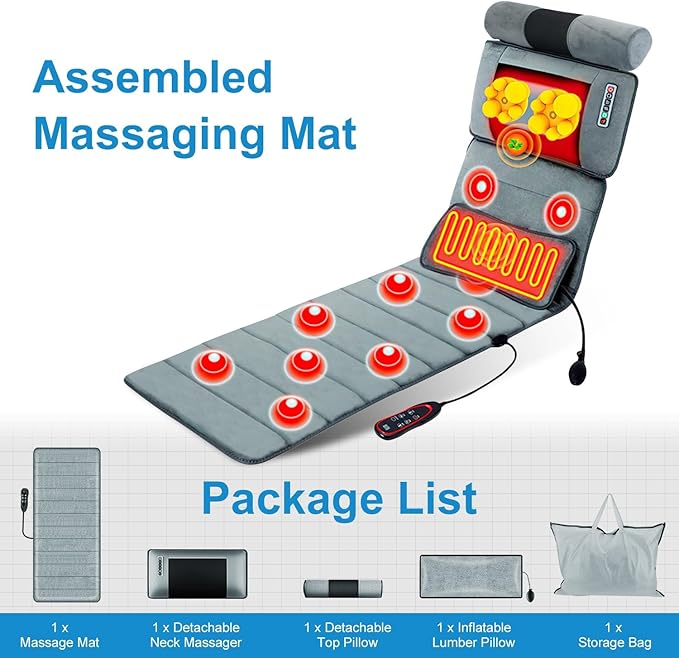 Full Body Electric Massage Mat with Heat, 10 Vibration Motors 3 Timers, Vibration Massage Pad for Bed, Back Mattress Chair Pad with Neck Massager Lumbar Pillow