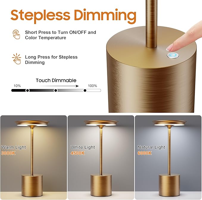 2Pack Cordless LED Table Lamp，Rechargeable Battery Desk Lamps, 3 Color Stepless Dimmable Metal Battery Table Lamps, LED Table Light for Bedroom/Restaurant/Outdoor (Bronze)