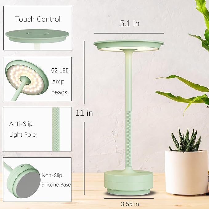 2 Pack Cordless Table Lamps, Portable Rechargeable LED Battery Powered Touch Metal Table Light, 3 Color Stepless Dimming Modern Table Lamp, for Bedroom/Home/Restaurant/Outdoor.(Green)