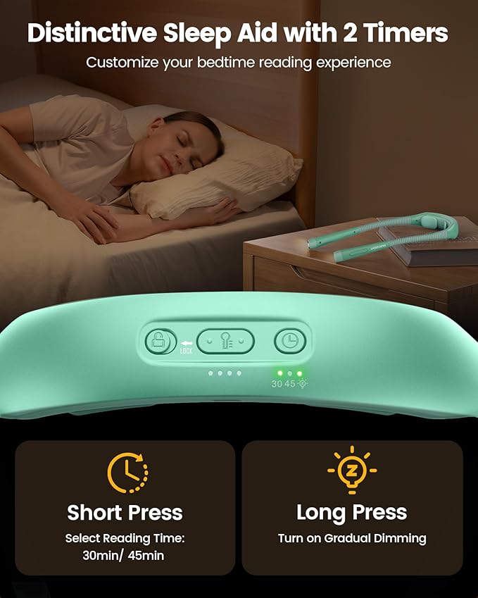 Glocusent Ergonomic Reading Light, 1600mAh Rechargeable Book Light for 100 Hrs - 3 Colors & 5 Brightness, Neck Light with Timers, Sleep Aid & Travel Lock, Perfect for Reading, Knitting & Craft