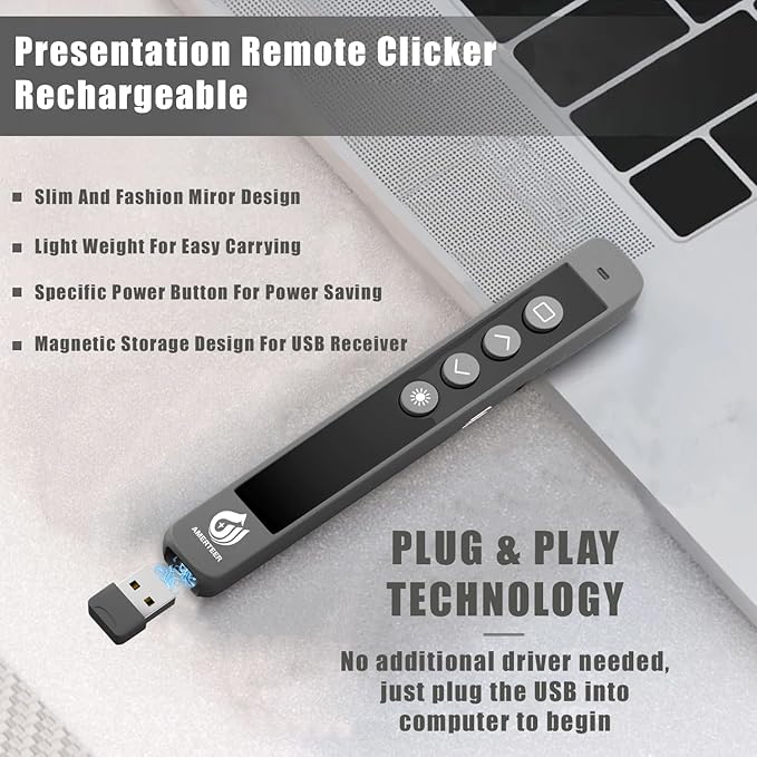 AMERTEER Wireless Presenter Remote – Presentation Clicker with 2.4GHz RF Hyperlink & Volume Control, Built-in Rechargeable Battery, Compatible with Keynote, PowerPoint, Mac, PC, and Laptops
