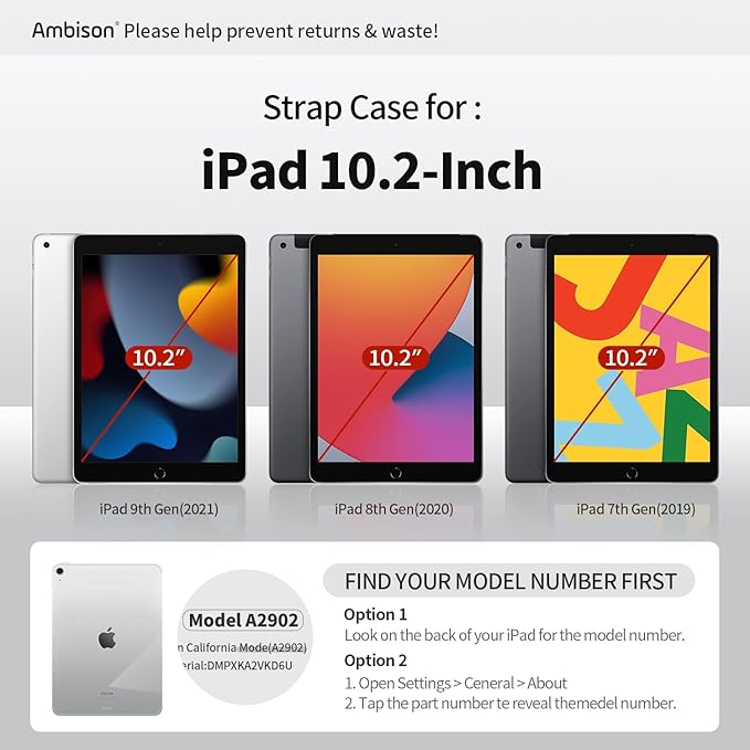 iPad 9th/8th/7th Generation Case, iPad 10.2 Case 2021/2020/2019, [Kid Proof] ambison Full Body Protective Case with 9H Tempered Glass Screen Protector, 360° Rotatable Kickstand & Hand Strap (Black)