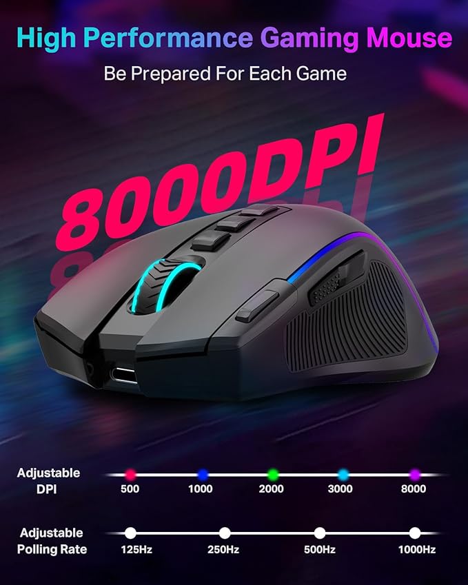 E-YOOSO Gaming Mouse, Tri-Modes Wireless/Bluetooth/Wired Rechargeable RGB Gamer Mouse with 2 Side Buttons, Rapid Fire Key, 8000 DPI, 6 Backlit Modes, 9 Programmable Buttons Macro