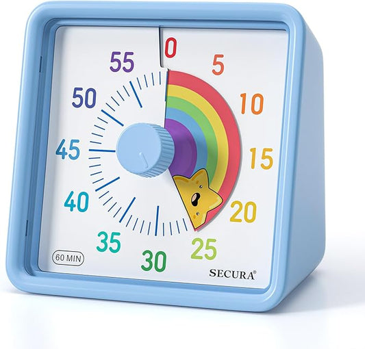 Secura 60-Minute Visual Timer for Kids, Time Clocks, Countdown Timer for Office Kitchen, Classroom Timer for Kids, Silent Time Management Tool (Blue & Star)