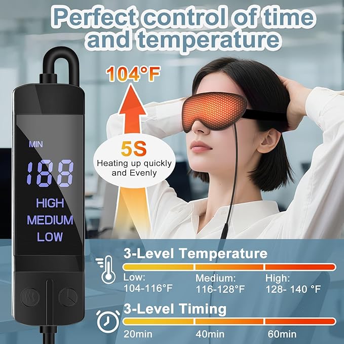 Heated Eye Mask for Dry Eyes, USB Electric Warm Eye Compress Heat Eye Masks with Temperature&Timer Control, Eye Heating Pad for Dry Eyes, Stye Treatment, Chalazion, Blepharitis, MGD, Puffy